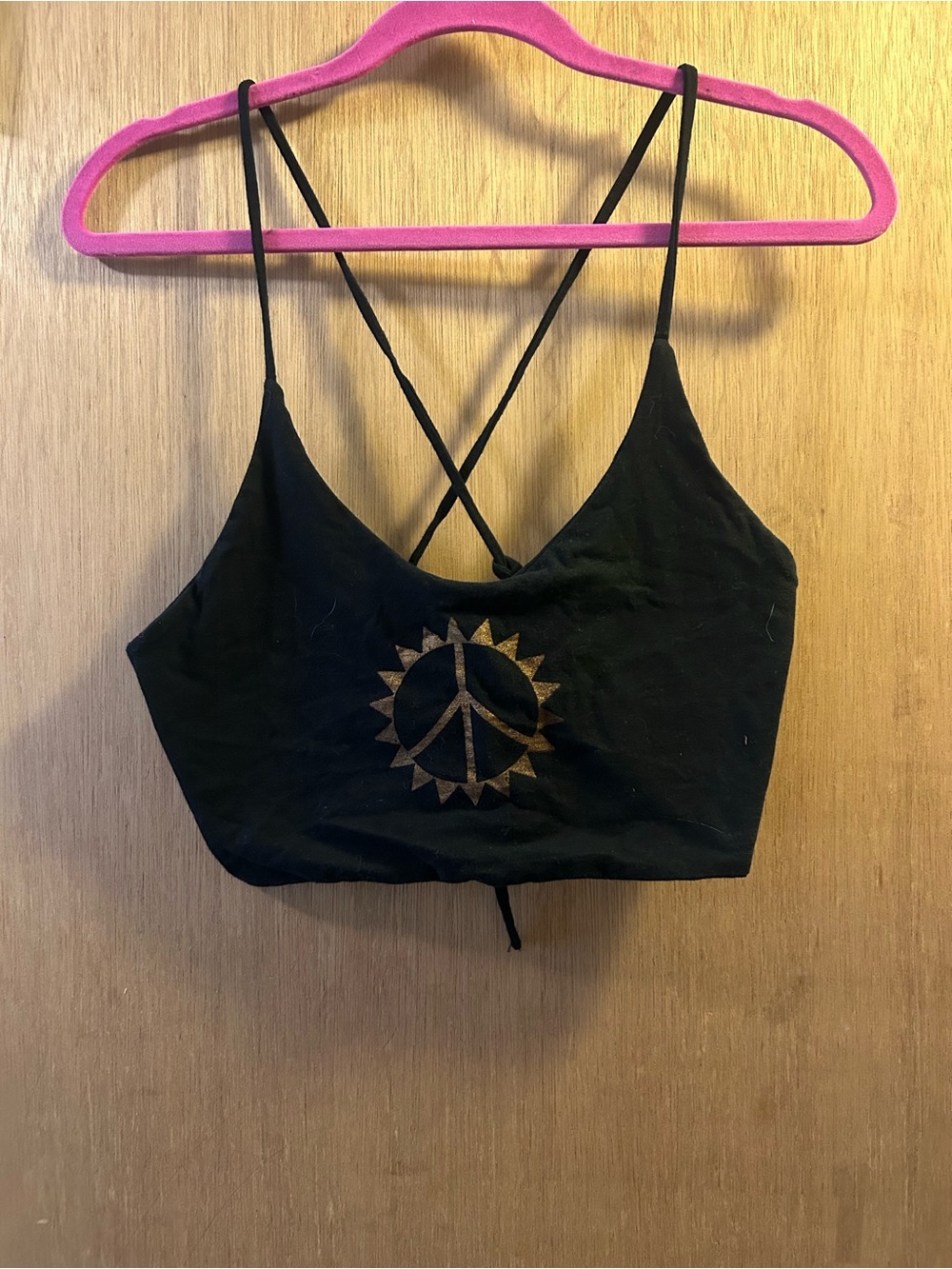 Black Cropped Strappy Tank with Gold Peace Sun